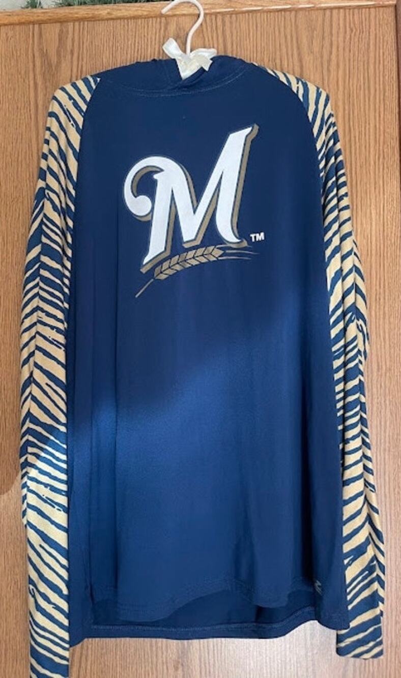Milwaukee Brewers Majestic Zubaz Shirt Men L Long Sleeve Hooded Tee Zebra Blue